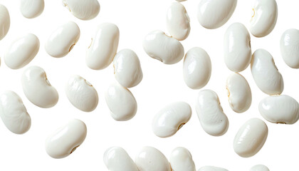 White beans scatter across black background, flat lay style