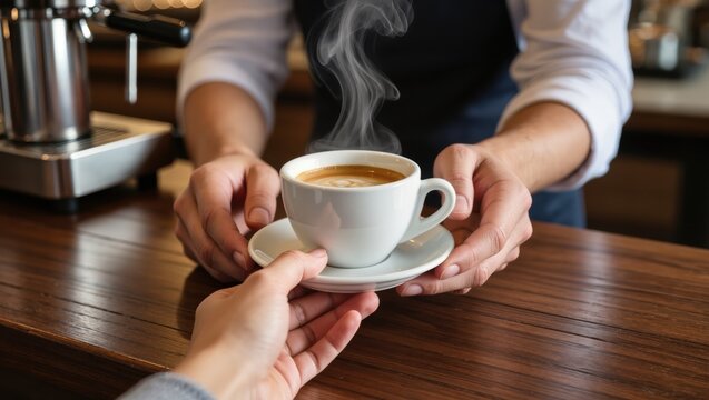 Barista's hands give a customer a white cup of hot coffee with latte art.