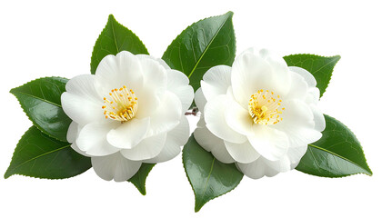 Two white camellias with leaves on black background, isolated