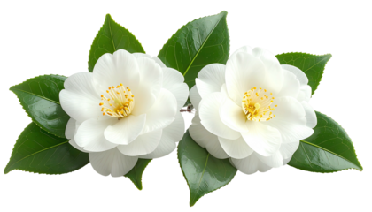 Two white camellias with leaves on black background, isolated
