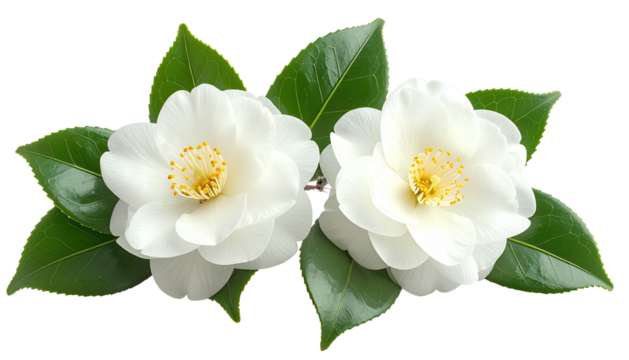 Two white camellias with leaves on black background, isolated
