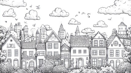 Obraz premium Charming town skyline, birds flying, cloudy sky, whimsical illustration, ideal for children's books