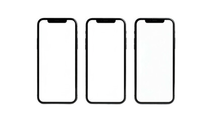 Three dark-framed smartphones showing blank white screens