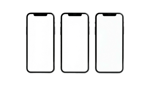 Three dark-framed smartphones showing blank white screens