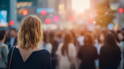 Blonde woman from behind looking at crowded city street with bokeh lights and sunset glow, concept of urban anonymity and solitude.