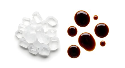 Top view flat lay of white rock sugar crystals and dark soy sauce drops, showing a sweet and savory contrast, isolated on a white background.