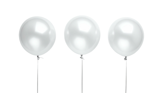 Three luminous white balloons float against a black backdrop