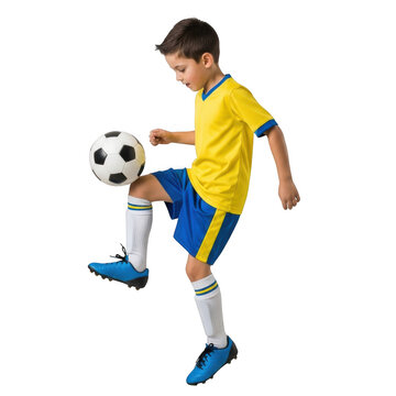 Young athletic boy in yellow jersey and blue shorts skillfully practicing soccer ball juggling isolated on transparent background