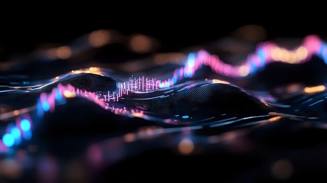 Colorful digital wave visualization with neon pink and blue light effects on dark background, representing data analytics or sound frequency for business presentations.