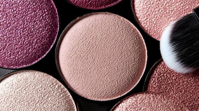 Luxurious makeup eyeshadow palette with pink and nude shimmering pressed powder and professional brush on black background for beauty cosmetics.