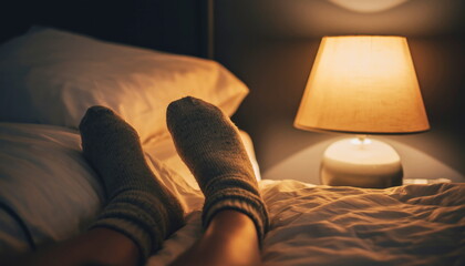 Feet in cozy socks resting on a rumpled bed under a warm bedside lamp bedroom
