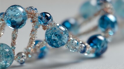 Elegant blue glass beads with crystal accents on silver wire, creating a delicate jewelry piece for special occasions.