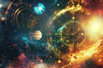 Abstract composition with zodiac circle in signs and symbols