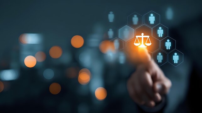 Digital justice concept with businessman touching glowing scales icon surrounded by people symbols against blurred city lights background. - Powered by Adobe