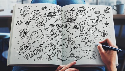 Open notebook displaying diverse doodle art with a hand drawing in a pen creating abstract shapes and figures