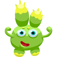 Chubby Green Cartoon Character Flexing Biceps with Yellow Antennae and Big Blue Eyes on Transparent Background