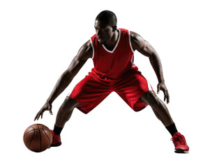 Athletic basketball player in red uniform dribbling a basketball with intense focus isolated on transparent background