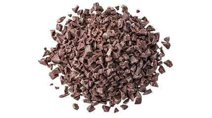 Pile of dark chocolate chips or cacao nibs isolated on white background, ready for baking, cooking, or dessert preparation.