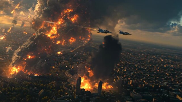 Two military fighter jets flying above burning city with large explosion and smoke clouds, symbolizing war, destruction, power, defense technology, and dramatic aerial combat in apocalyptic atmosphere