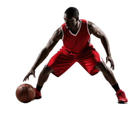 Athletic basketball player in red uniform dribbling a basketball with intense focus isolated on transparent background
