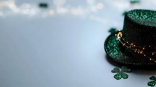 Festive green glitter top hat with golden lights and shamrock decorations on blurred background, perfect for St. Patrick's Day celebrations.