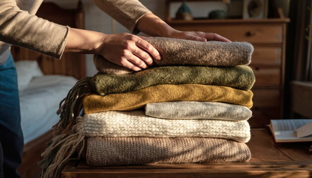 Hands folding a neat stack of warm woolen sweaters and blankets in muted autumn colors
