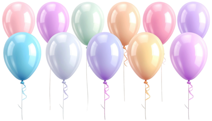 Ten pastel balloons floating, tied with shiny, curly ribbons