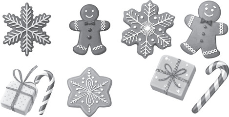A colorful set of vector Christmas gingerbread cookie decorations featuring stars, snowflakes, and ribbon bows for the holiday design pattern