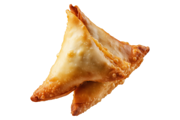 Crispy golden brown samosas with bubbled texture filled with meat or vegetables, isolated on white transparent background, representing Indian cuisine snack