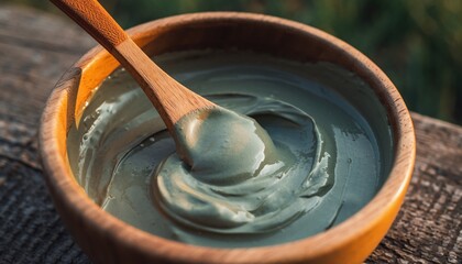Clay mask in a wooden bowl with a spoon natural ingredients spa treatment