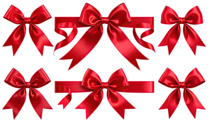 Six red satin ribbons arranged in a semi-circle shape