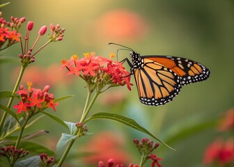 Fototapeta premium Monarch butterfly gracefully feeding on bright orange flowers in a natural garden