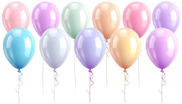 Ten pastel balloons floating, tied with shiny, curly ribbons