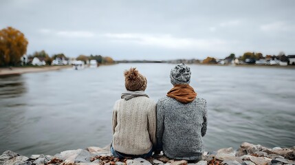 Two friends in warm knit hats and cozy sweaters sitting together on rocky shore, looking out at calm lake with autumn trees and houses along distant shoreline under overcast sky.