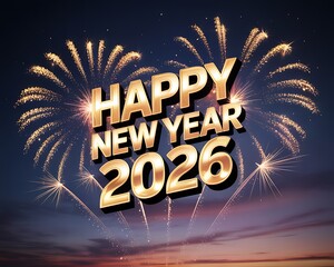 Golden happy new year 2026 text illuminated by spectacular fireworks display against a twilight sky
