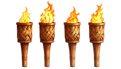 Four tiki torches with bright flames against a black backdrop