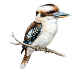 A detailed illustration of a kookaburra bird perched on a small branch showcasing its distinctive plumage and beak isolated on transparent background