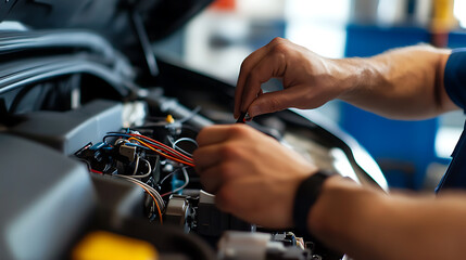 Automotive technician meticulously repairs a car's electrical system. The engine bay hosts a colorful array of wires, symbolizing complexity and precision in auto repair.