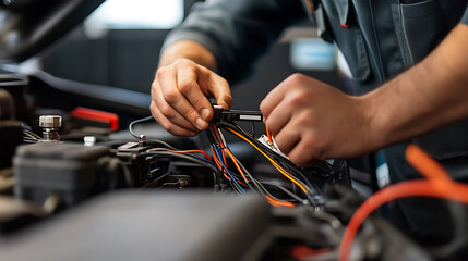 Focused on the intricate work of auto mechanics, a skilled technician meticulously repairs car engine wires, ensuring smooth operation and peak performance in the workshop.
