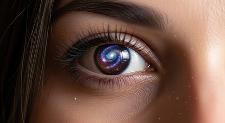 A woman's eye with a galaxy image inside it, set against a blurred background.