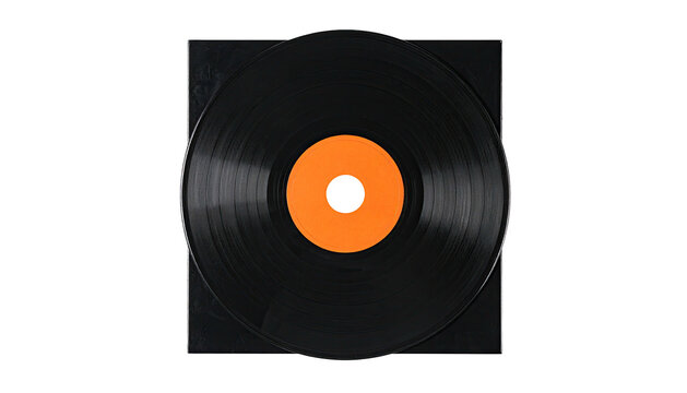 Vinyl record, black disc with orange center, resting on album sleeve - Powered by Adobe