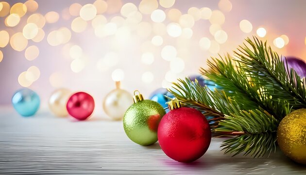 Festive Christmas ornaments in red, green, gold, and blue with pine branches against soft bokeh lights background for holiday decorating.