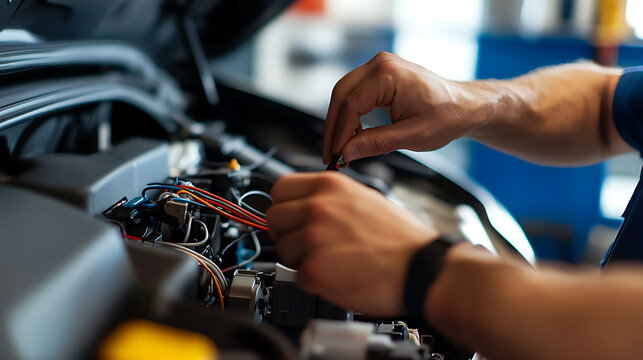 Automotive technician meticulously repairs a car's electrical system. The engine bay hosts a colorful array of wires, symbolizing complexity and precision in auto repair.