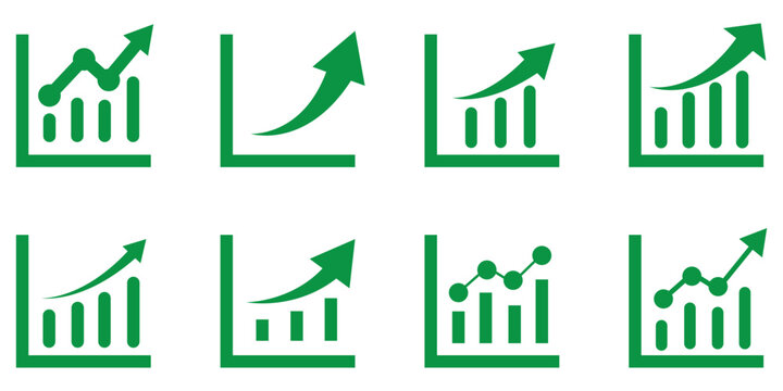 Growth icon set. Containing arrow up, growing graph, business chart icons. Vector illustration.