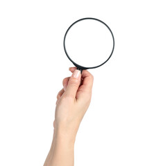 Woman hand holding magnifying glass, isolated object with transparent background PNG, tool for...