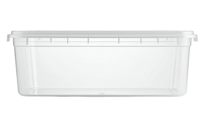 Empty rectangular clear plastic container with closed lid