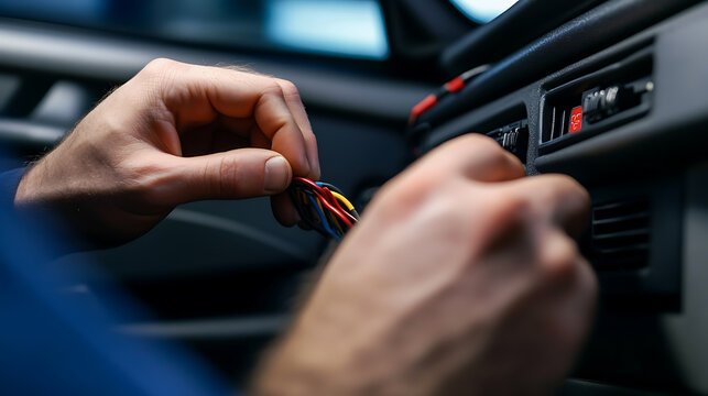 Close-up of hands meticulously working with colorful wires in a car's interior, showcasing electrical repair or modification with a focus on detail and expertise.