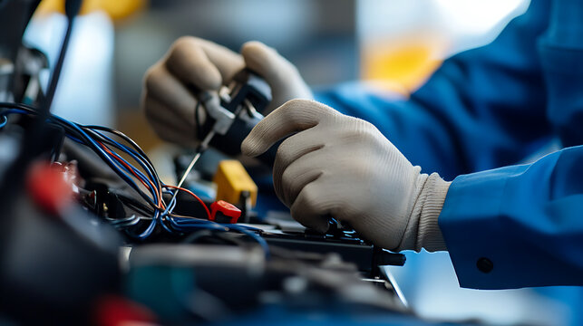 Gloved hands methodically work, connecting wires, ensuring precision & safety, reflecting expertise in electronics or mechanics. Focus on detail, a symphony of skill.