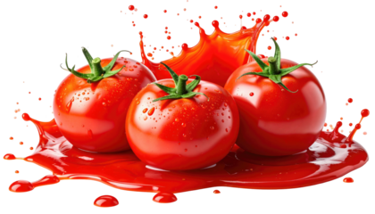 Three shiny tomatoes rest amidst vibrant red splash