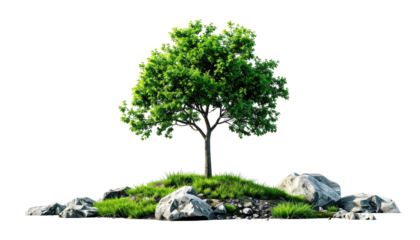 Solitary tree atop a small, rocky, green island